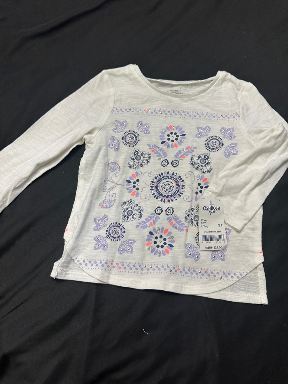 OshKosh B'gosh White Long Sleeve Top with Purple & Pink Floral Medallion